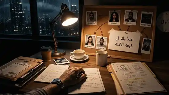 مكتب المحقق ليلًا: لوحة مشتبه فيهم بخيط أحمر ومصباح مكتبي.