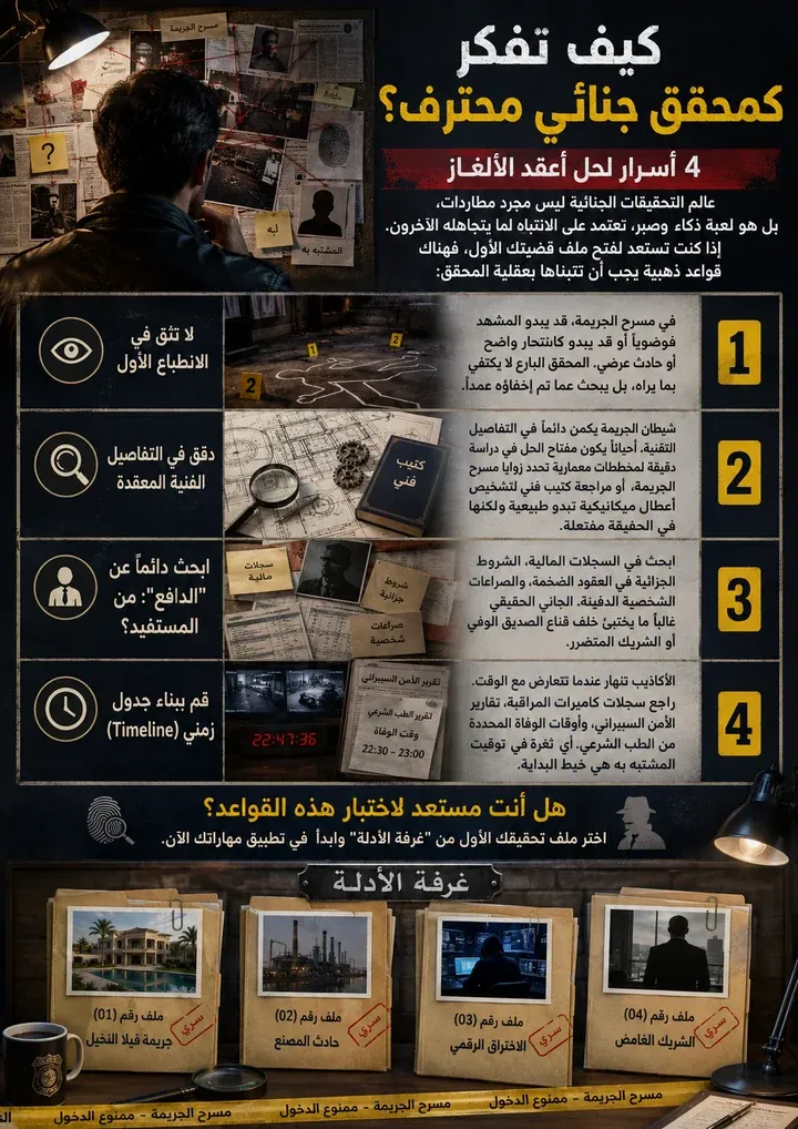 محقق يعيد قراءة الإفادات تحت الضوء الخافت.